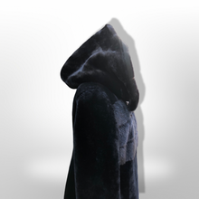 Load image into Gallery viewer, Jet Black Hooded Mink and Shearling Luxury Coat with Rhinestone Button
