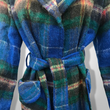 Load image into Gallery viewer, Made in Scotland Scottish Pure Mohair and Wool Plaid Coat Hat Scarf Three Piece Set Blue Yellow Wrap Style