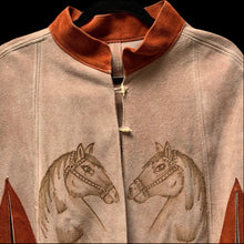 Load image into Gallery viewer, 70’s Suede Poncho Cape with Carved Horse Scene Mint Condition Fringe Border One Size Fits All
