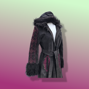 Boho Embroidered Suede Brown and Magenta faux shearling princess hooded coat