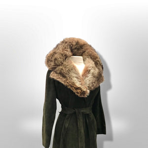 70’s Forest Green Suede Trench with Fur Trim Collar