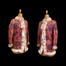 Load image into Gallery viewer, Vintage Women&#39;s 70s Coat Embroidered Suede Colorful Bright Mandala Festive Afghan Turkish Genuine Fur Trim