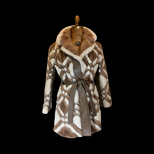 Load image into Gallery viewer, 60s Geometric Jessica Simpson Leather Coat --Mod Mosaic Mink White and Brown Patchwork ColorBlock Coat S/M