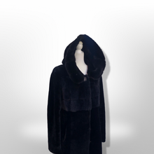 Load image into Gallery viewer, Jet Black Hooded Mink and Shearling Luxury Coat with Rhinestone Button