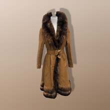 Load image into Gallery viewer, 70’s Caramel Leather Coat with Genuine Fur Trim Princess Fit and Flare Style