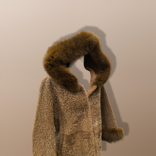 Load image into Gallery viewer, New Tan Shearling Lamb and Leather Fox Fur Hooded Coat Reversible Minimalistic