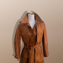 Load image into Gallery viewer, 70’s Vintage Two Piece with Removable Vest with Coat Leather Caramel Colored Trench Spy Coat Belted