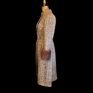 Vintage 60s 70s Women's Coat Mohair Wool Knitted Couture Made in Paris France Belt Fit Flare Princess Trim