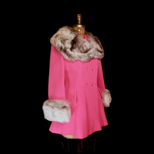 Load image into Gallery viewer, 60s Pink Lilli Ann Norwegian Fox Fur Coat Fit and Flare Neon Florescent Bright Pink Double Breasted Princess