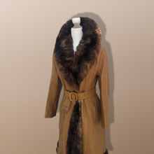 Load image into Gallery viewer, 70’s Caramel Leather Coat with Genuine Fur Trim Princess Fit and Flare Style