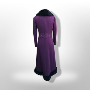 60’s 70’s Plum Purple Long Princess Coat with Sharp Tailoring and Faux Fur Trim