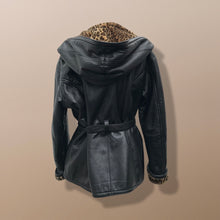 Load image into Gallery viewer, Black Leather Hooded Belted Faux Fur Leopard Pattern Lining Extra Cozy and Oversized