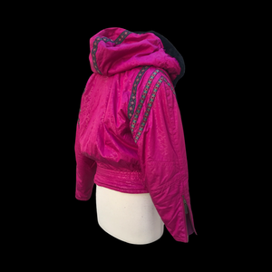 80’s 90’s Hot Pink Hooded Ski Windbreaker Jacket Cropped Tapered Waist Southwestern Aztec Trim