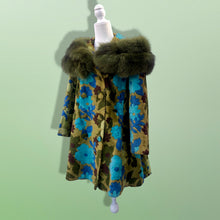 Load image into Gallery viewer, 60’s 70’s Tapestry Carpet Coat Blue Turquoise Green Beaded Belt Fur Fox Norwegian Collar