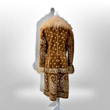 Load image into Gallery viewer, Boho Penny Lane Caramel Suede Sheepskin Curly Mongolian Lamb Intricate Embroidery Embroidered Coat Custom Made in France