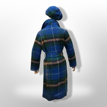 Load image into Gallery viewer, Made in Scotland Scottish Pure Mohair and Wool Plaid Coat Hat Scarf Three Piece Set Blue Yellow Wrap Style