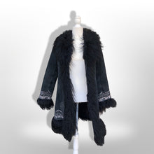 Load image into Gallery viewer, Vintage Black Suede Embroidered Mongolian Lamb Shearling Coat 38” Bust Penny Lane Boho