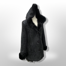 Load image into Gallery viewer, Black Hooded Shearling Suede Coat Alligator Print with Full Shearling Lining
