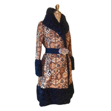 Load image into Gallery viewer, Women's Vintage Coat- Tapestry Orange Needlepoint Carpet Curly Lamb Orange Black Princess Penny Lane Almost Famous 60s 70s Small