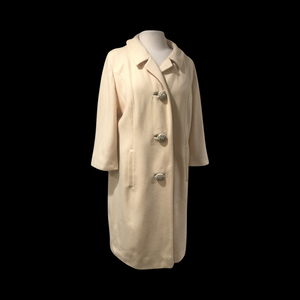 60’s White Cream Bataldi Wool Swing Coat with Large Crystal Buttons