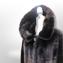 Load image into Gallery viewer, Jet Black Hooded Mink and Shearling Luxury Coat with Rhinestone Button