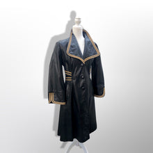 Load image into Gallery viewer, 70’s Leather Black Trench Spy Coat with Gold Braided Leather Trim
