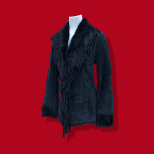 Vintage Black Suede Jacket Blazer Fitted with Tassle Fur Collar