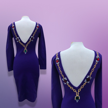 Load image into Gallery viewer, 80’s 90’s Purple Sweater Dress with Jeweled Detail Fitted Hourglass Figure