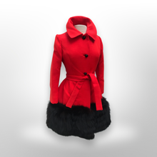 Load image into Gallery viewer, Women's Vintage Lilli Ann Coat- Lipstick Red Orange Bright 60's Mod Wool Thick Tiered Black Fox Fur Trim Fit Flare Princess Small Pinup