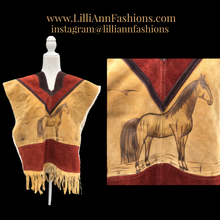 Load image into Gallery viewer, 70’s Suede Poncho Cape Equestrian Serape with Carved Horse Scene Mint Condition Fringe Border One Size Fits All Cowboy Cowgirl Unisex Southwestern Mexican Native Boho One of A Kind