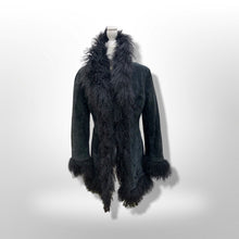 Load image into Gallery viewer, Vintage Black Suede and Curly Mongolian Bohemian Boho Hippy Coat Coachella Burning Man Goth