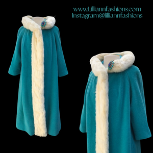 60’s LIlli Ann Coat Turquoise Blue with Ermine Mink Tuxedo Trim Collar “The World is Yours”