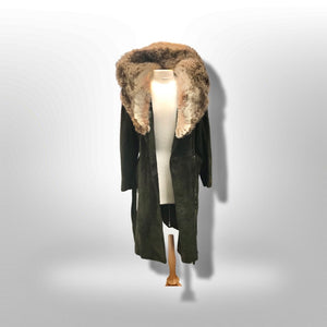 70’s Forest Green Suede Trench with Fur Trim Collar