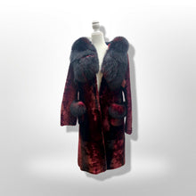 Load image into Gallery viewer, Genuine Fur Hooded Coat Shearling and Fox Fur Bergundy Iridescent and Black Gothic Ombré Victorian