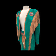 Load image into Gallery viewer, Women’s Western Turquoise Blue Suede Set Jacket and Skirt Genuine Suede and Hand Beaded SouthWestern Native Inspired Cowgirl