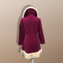 Load image into Gallery viewer, 60’s 70’s Velveteen Maroon Coat Vegan Faux Fur Belted