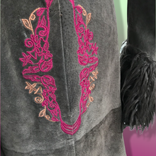 Load image into Gallery viewer, Boho Embroidered Suede Brown and Magenta faux shearling princess hooded coat