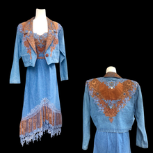 Load image into Gallery viewer, 80’s Vintage Three Piece Jean and Lace Skirt Bustier and Jacket Beaded and Embroidered Cowgirl Cowboy Beyoncé Style