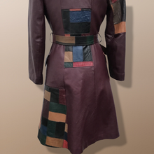 Load image into Gallery viewer, 70s Leather Coat l Maroon Patchwork Fit Flare Trench Spy Boho Studio 54 Mosaic boho chic One of a Kind