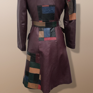 70s Leather Coat l Maroon Patchwork Fit Flare Trench Spy Boho Studio 54 Mosaic boho chic One of a Kind