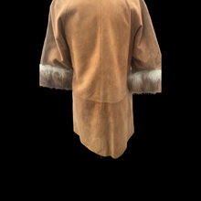 Load image into Gallery viewer, Vintage Camel Suede Tan Duster Coat with Genuine Fur Tuxedo and Cuffs in Natural Color