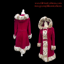 Load image into Gallery viewer, Vintage 70’s Coat Red Princess Spotted Faux Fur Hooded Christmas Holiday Winter Princess