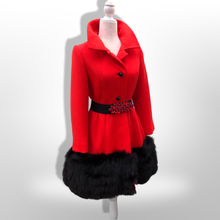 Load image into Gallery viewer, Women's Vintage Lilli Ann Coat- Lipstick Red Orange Bright 60's Mod Wool Thick Tiered Black Fox Fur Trim Fit Flare Princess Small Pinup