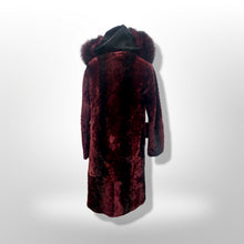 Load image into Gallery viewer, Genuine Fur Hooded Coat Shearling and Fox Fur Bergundy Iridescent and Black Gothic Ombré Victorian
