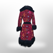 Load image into Gallery viewer, 60’s 70’s Rare Red Carpet Tapestry Coat Needlepoint Floral Exotic Design with Genuine Fox Fur and Goat Shearling Trim Jeweled Belt Small Petite