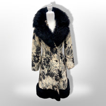 Load image into Gallery viewer, 70’s Tapestry Carpet Floral Black and White Coat with Black Shearling Trim Penny Lane Boho Hippy Chic