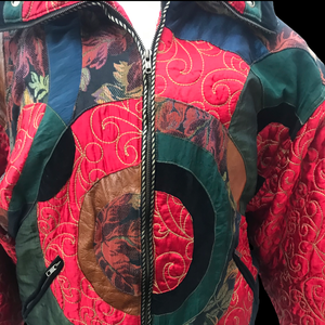 Vintage 80’s 90’s Neiman Marcus Puffer Real Down Feather Filled Mixed Media Red Nylon Tooled Leather and Velvet Chubby Coat Apres Ski