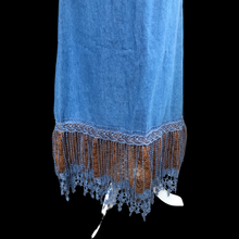 Load image into Gallery viewer, 80’s Vintage Three Piece Jean and Lace Skirt Bustier and Jacket Beaded and Embroidered Cowgirl Cowboy Beyoncé Style