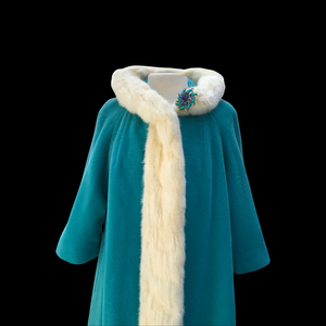 60’s LIlli Ann Coat Turquoise Blue with Ermine Mink Tuxedo Trim Collar “The World is Yours”