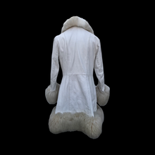 Load image into Gallery viewer, 60’s 70’s LIlli Ann White Leather and Fluffy Shearling Tuxedo Trim Boho Chic Coat Made in England 40” Bust